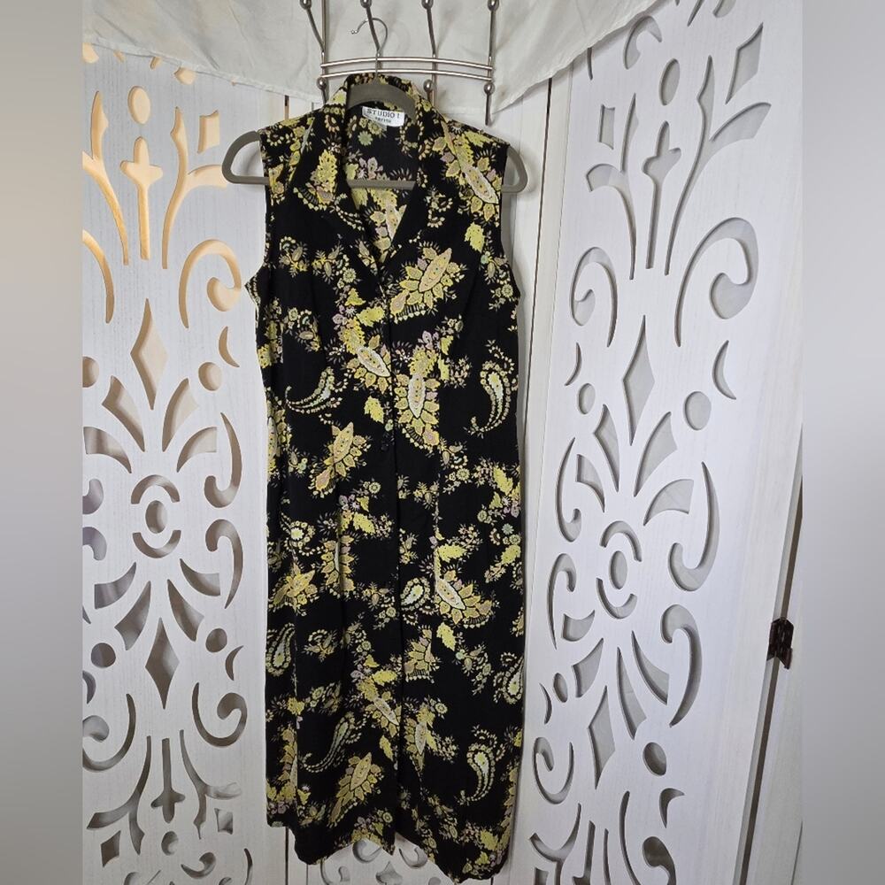 Studio I Petite 12P Black Yellow Paisley Sleeveless Button Front Midi Dress